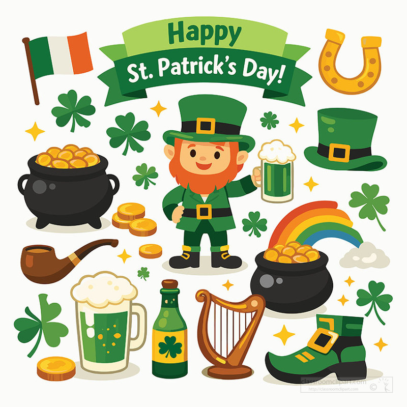 Colorful saint patricks day illustration with leprechaun shamrocks rainbow and pot of gold