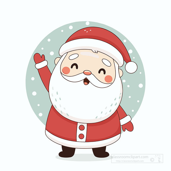 Cute illustration of a happy Santa Claus waving in falling snow wearing a red suit and white beard perfect for Christmas designs
