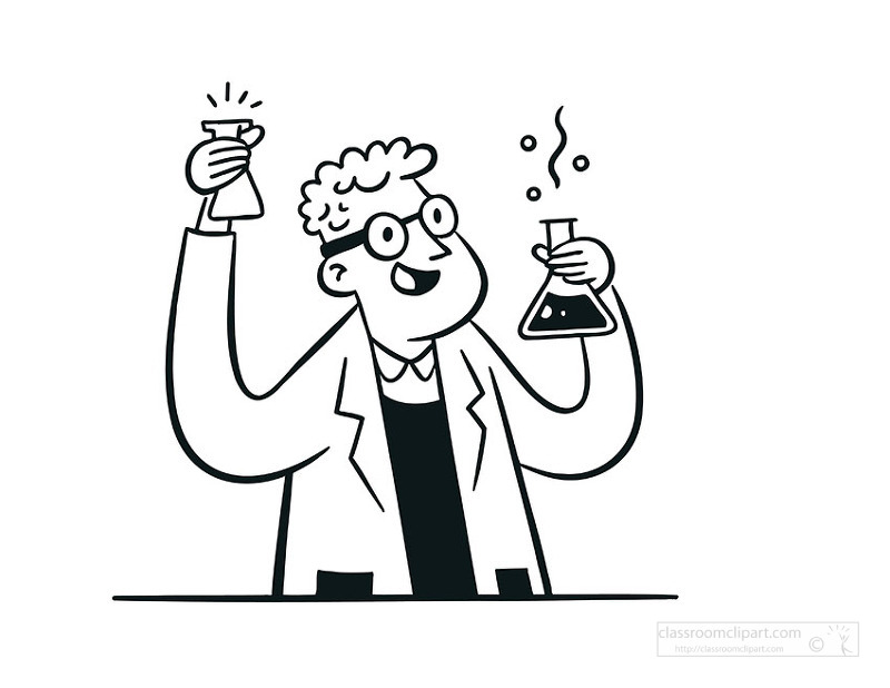 Cheerful scientist conducting chemistry experiment with glass flasks in laboratory