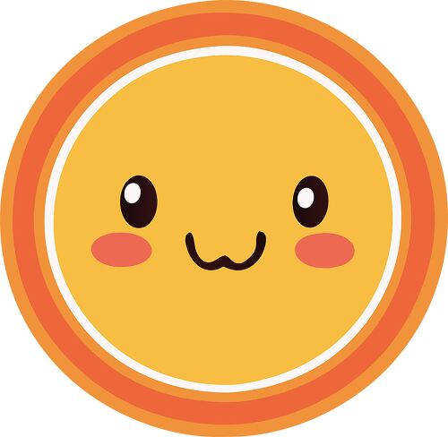 A round yellow sticker featuring a simple and cheerful smiley face with rosy cheeks