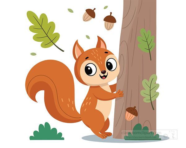 cute cartoon squirrel clinging to a tree with acorns and falling leaves around in flat vector style