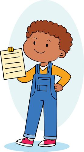 A cheerful student wearing blue overalls and a yellow shirt holding a piece of paper with writing.