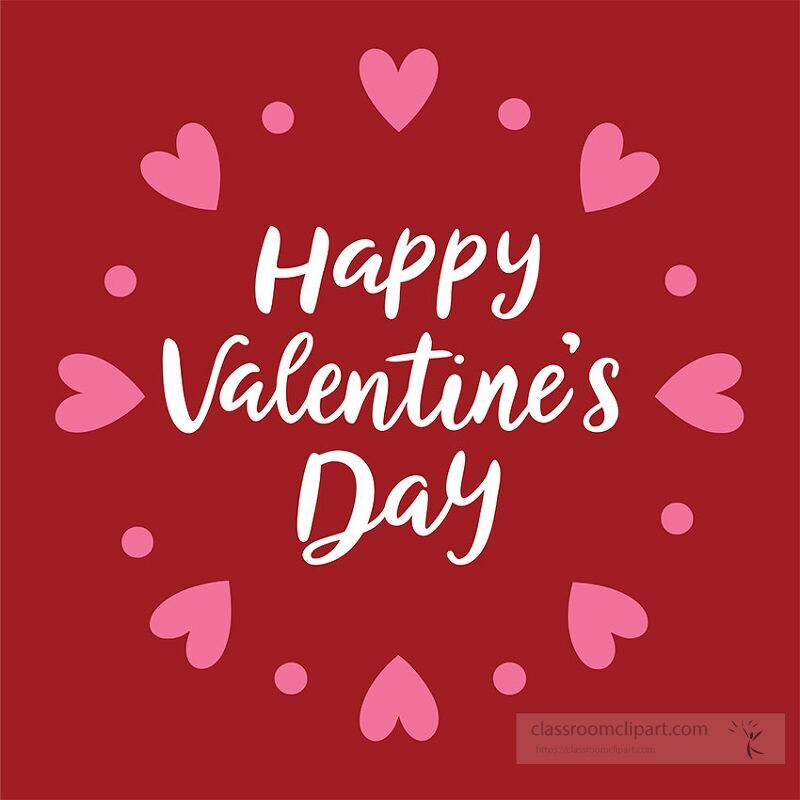 Colorful hearts surround a cheerful message wishing a happy Valentines Day The vibrant red background enhances the festive spirit celebrating love and affection