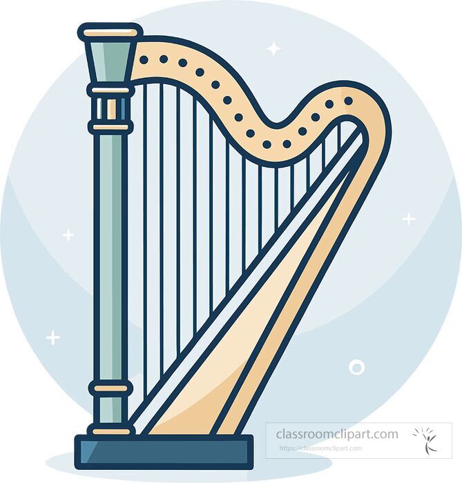 Flat vector outline illustration of a harp musical instrument depicted with simple white lines on a dark blue circular background ideal for music history education