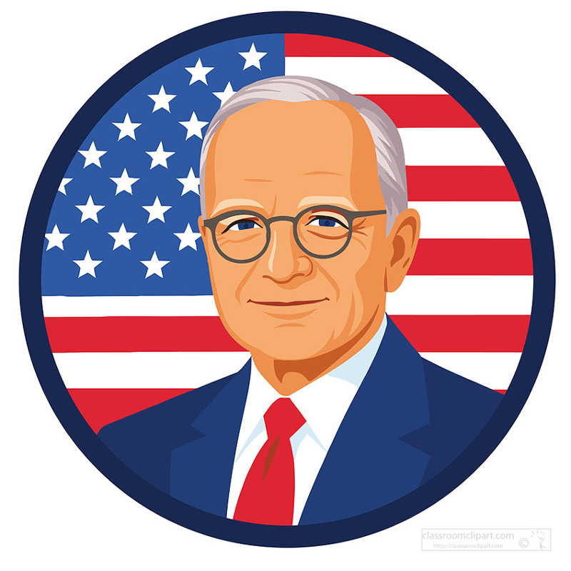 Illustrated portrait of Harry S Truman shown in formal clothing with a United States flag backdrop