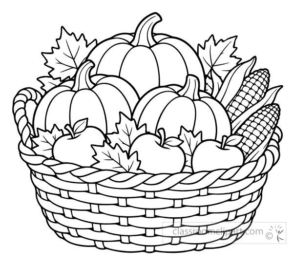 Woven harvest basket filled with pumpkins corn apples and autumn leaves in a detailed seasonal coloring page