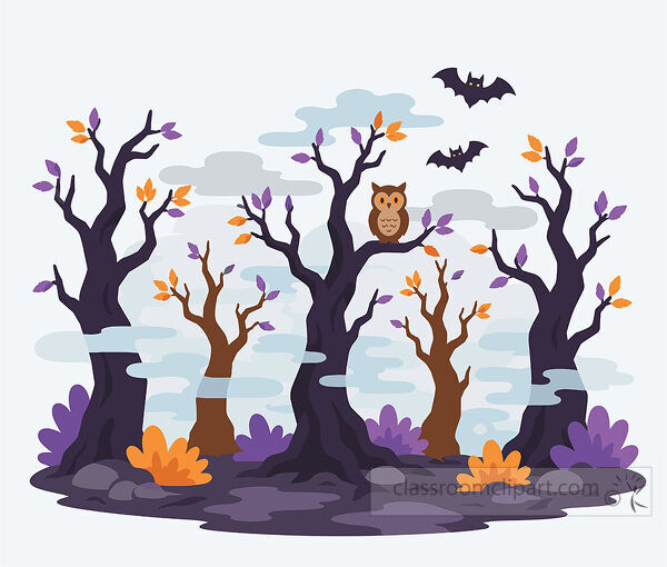 Haunted forest scene with twisted dark trees an owl flying bats fog purple plants and orange leaves