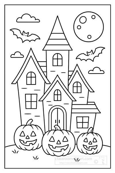 Halloween coloring page of a spooky haunted house with glowing pumpkins bats flying and a full moon night sky
