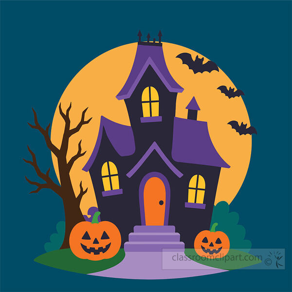 Dark purple haunted house sits before a large orange full moon with bats glowing windows pumpkins and a leafless tree