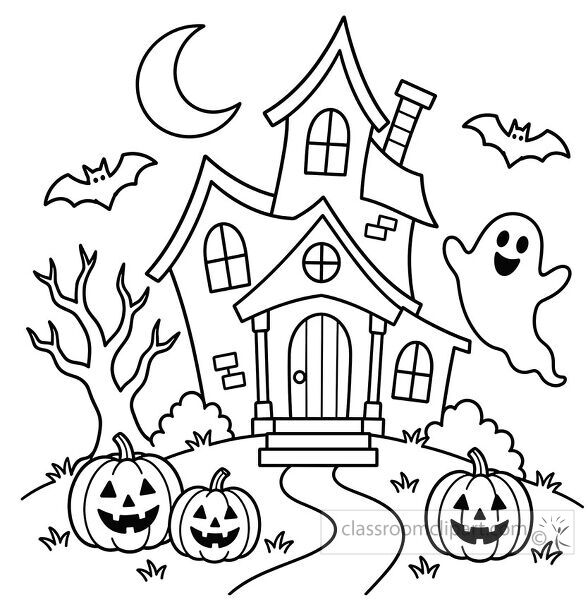 Haunted house coloring page with smiling ghost flying bats crescent moon bare tree and jack o lantern pumpkins