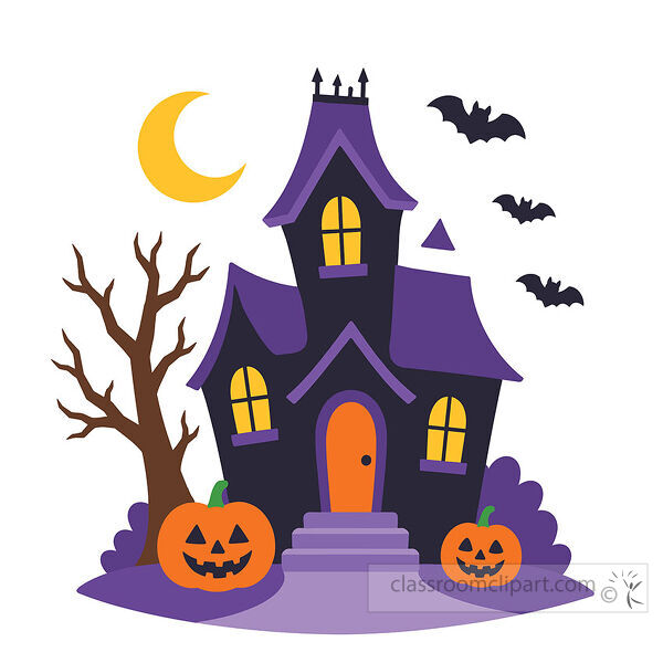 Purple haunted house stands beside a bare tree with glowing windows orange pumpkins crescent moon and flying black bats