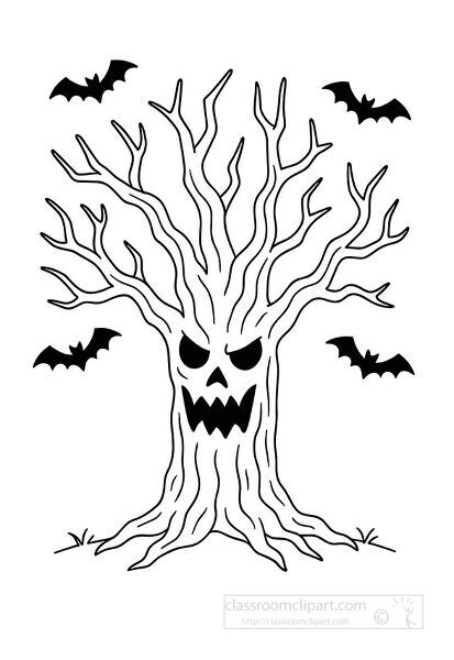 black and white coloring page of a haunted tree with a scary face and bats flying around perfect for Halloween activities