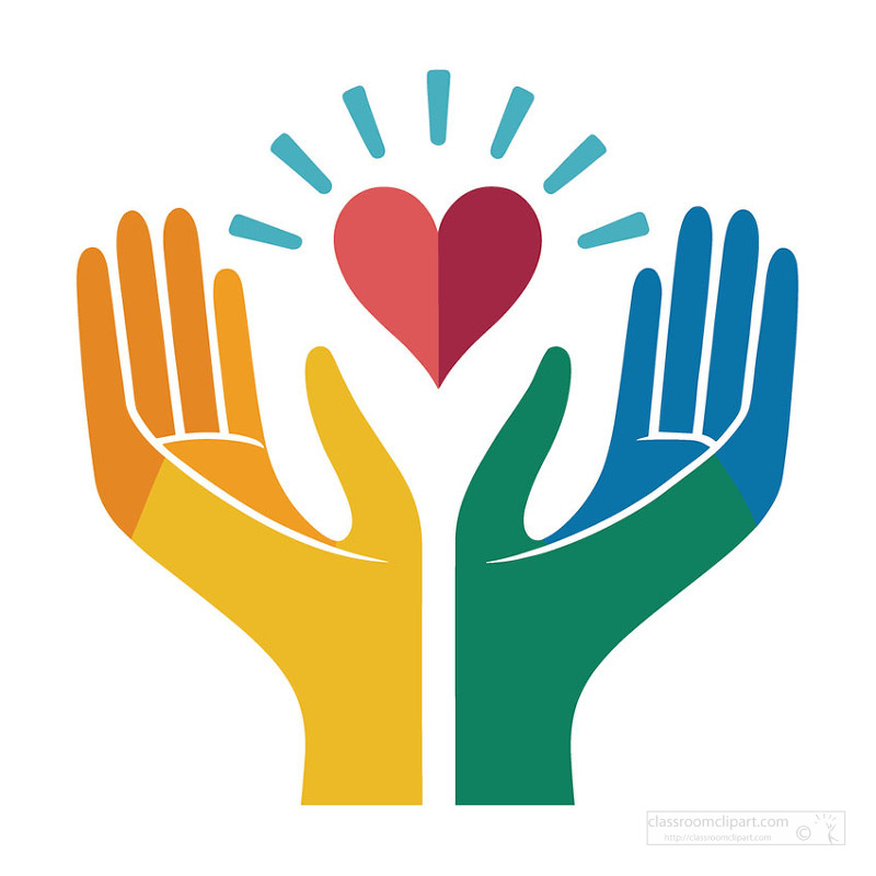 Colorful healing hands holding heart symbol for mental health support care and compassion