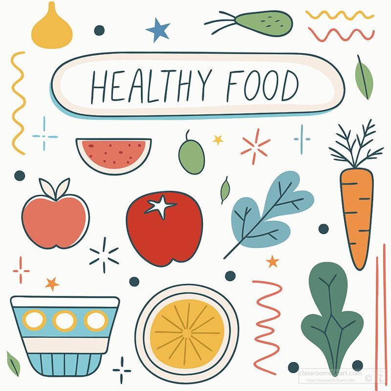 Colorful illustrations showcase a vibrant collection of healthy foods, featuring fruits and vegetables like carrots, apples, and leafy greens, highlighting the benefits of nutritious eating.