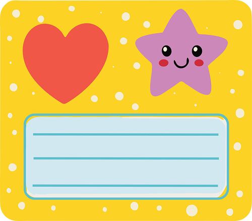 A bright yellow name tag decorated with a pink smiling star and a red heart