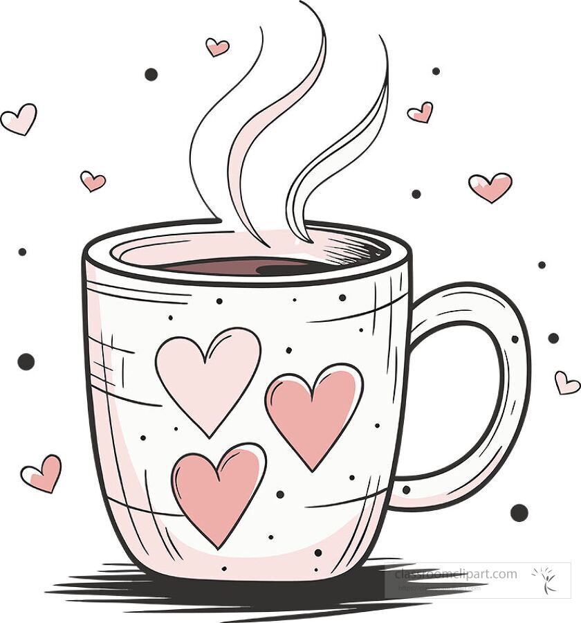 Clipart of a steaming coffee mug decorated with pink hearts and surrounded by small hearts
