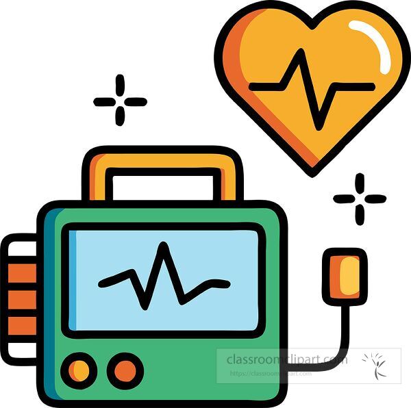 A colorful illustration of a heart monitor with a heart symbol. The monitor displays a heartbeat line, symbolizing health and medical care.