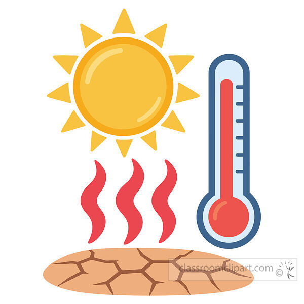 Heat warning image with bright sun red thermometer heat waves and cracked dry ground