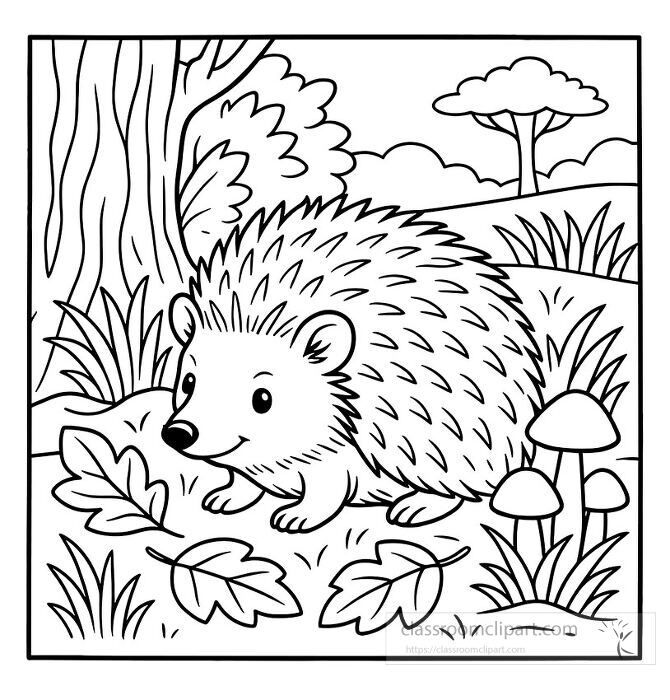 coloring page of a hedgehog in a natural forest environment with leaves and mushrooms