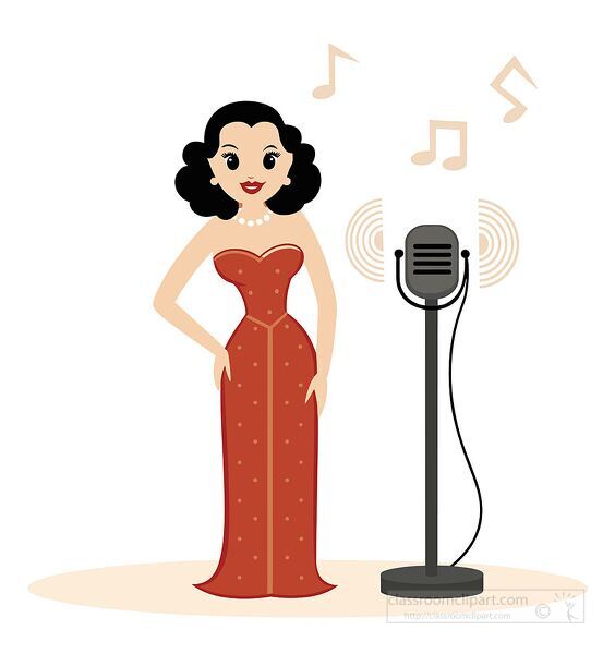 Cartoon vector of Hedy Lamarr singing beside a microphone, excellent for lessons on history, entertainment, and famous inventors in education