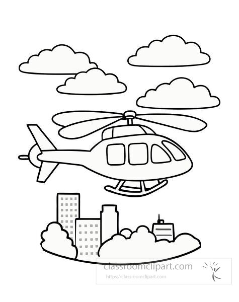 helicopter hovering above city skyline coloring page