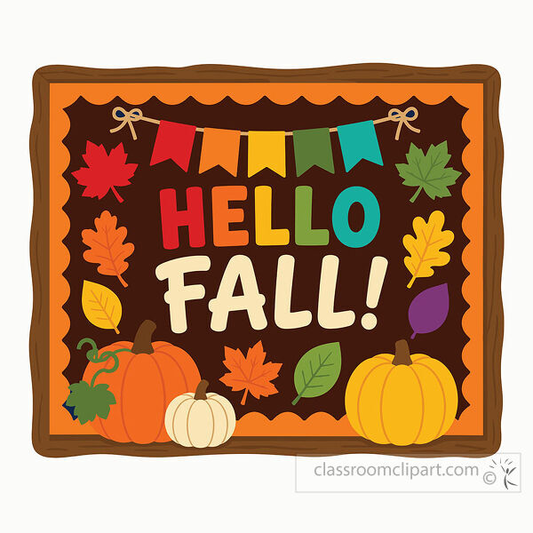 Hello Fall bulletin board features pumpkins leaves and festive banners for seasonal classroom decor and school displays