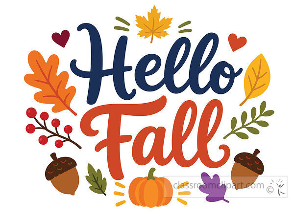 Hello Fall lettering with pumpkin acorns berries hearts and colorful leaves for autumn