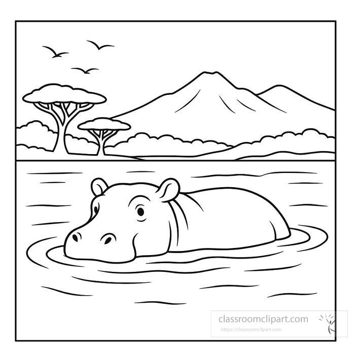coloring page of a hippopotamus submerged in an African lake with mountains and trees