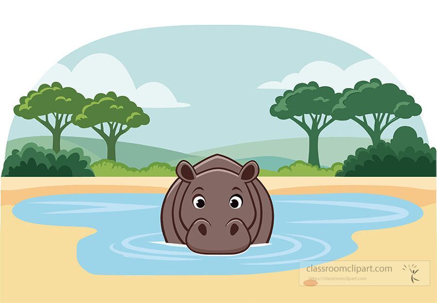 A flat cartoon vector of a hippopotamus standing near a calm lake in an African landscape, perfect for animal or geography resources.