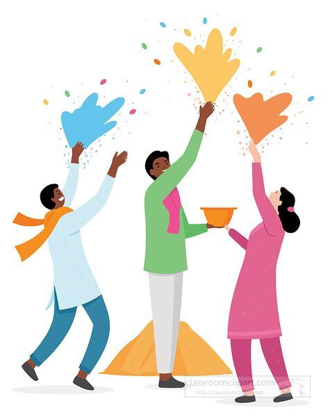 Educational illustration of people celebrating holi festival of colors with powder and traditional clothing for cultural lessons