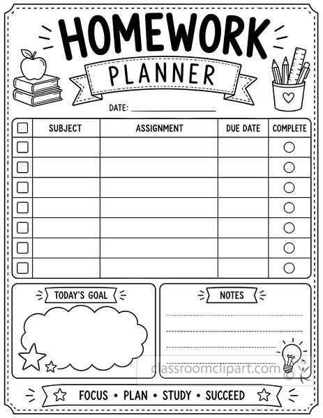 Black and white homework planner worksheet with subject assignment due date and complete columns plus goals notes books apple pencils and light bulb