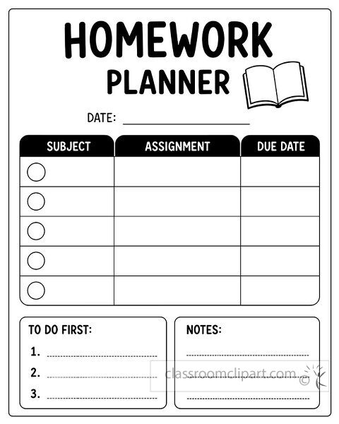 Black and white homework planner with subject assignment due date table circle check marks to do first list notes box and open book