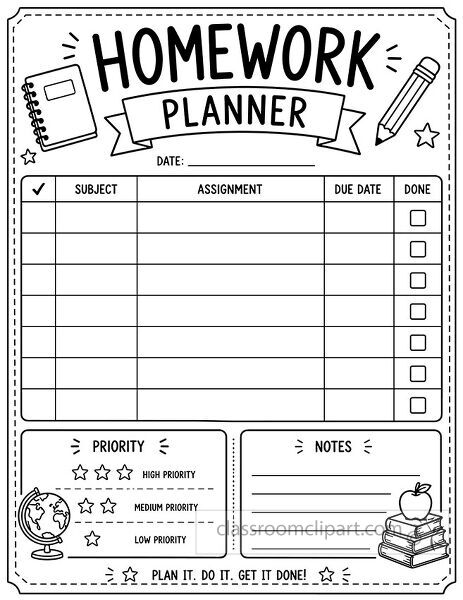Black and white homework planner worksheet with assignment table done boxes priority section notes globe books apple notebook and pencil
