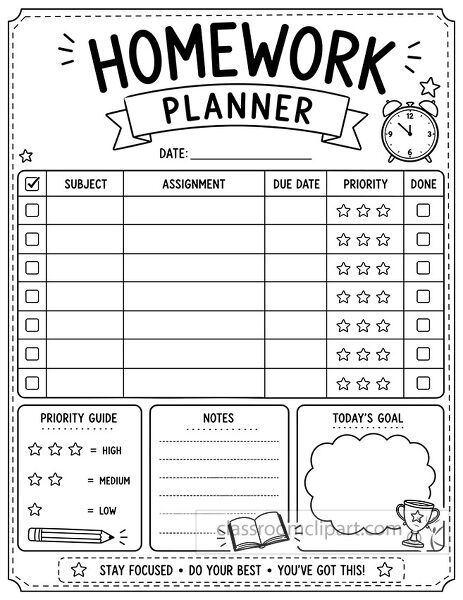 Black and white homework planner worksheet with assignment table due date priority done columns priority guide notes and todays goal boxes