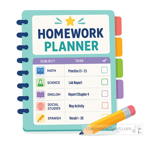Homework planner spiral notebook with subject and task columns checkboxes colorful tabs and large pencil