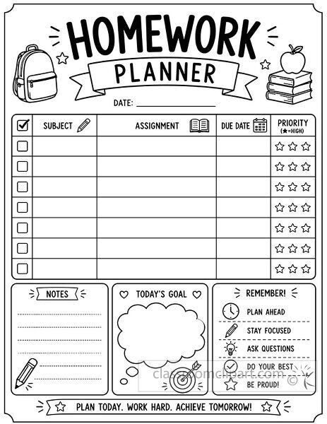 Black and white homework planner worksheet with subject assignment due date and star priority columns plus notes goal and reminder boxes