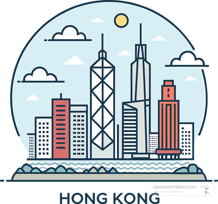 Vector illustration of Hong Kong skyline featuring iconic buildings modern cityscape and blue sky perfect for educational projects about Asian cities and landmarks