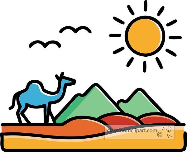 A colorful illustration of a desert landscape featuring a blue camel, green mountains, and a bright sun