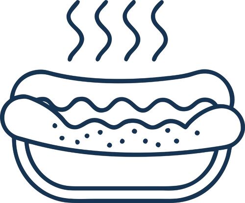 Outline illustration of a hot dog with steam rising representing food.