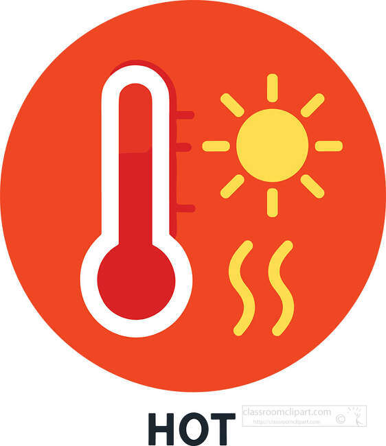 Red thermometer with sun heat waves and Hot text on a red circle background