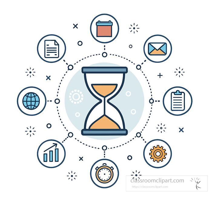Flat vector design showing an hourglass in the center with clocks calendars target and planning icons symbolizing time tracking and productivity