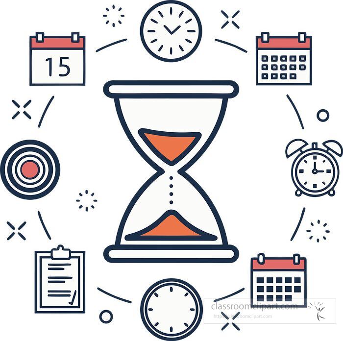 Flat vector illustration of an hourglass with productivity and business icons around it representing time management organization and efficienc