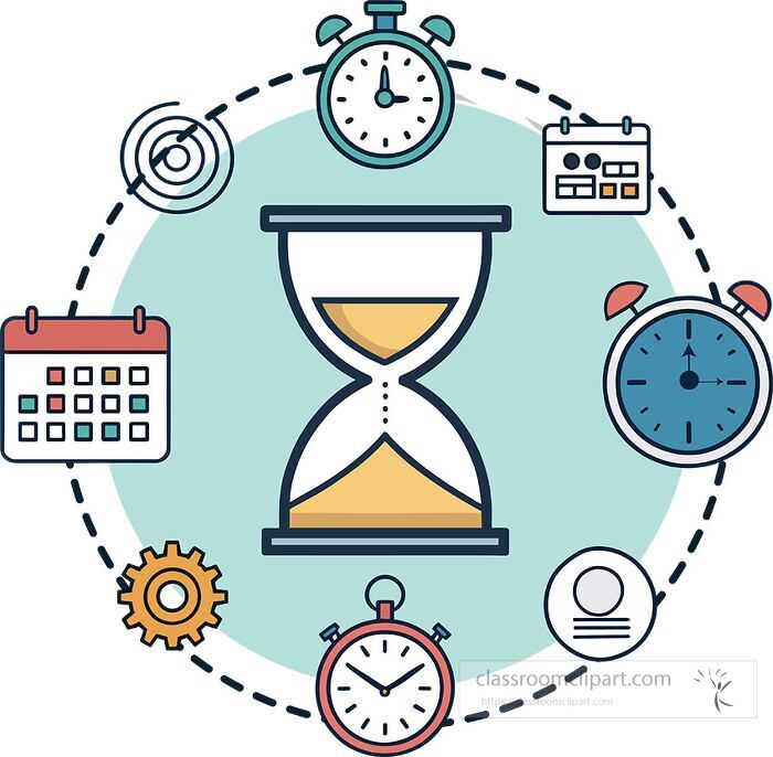 Flat vector illustration of an hourglass surrounded by clocks calendars checklist and target icons representing productivity and time tracking