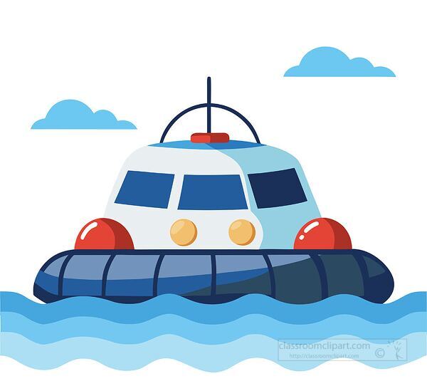 cartoon hovercraft moving over ocean waves with sky and clouds background