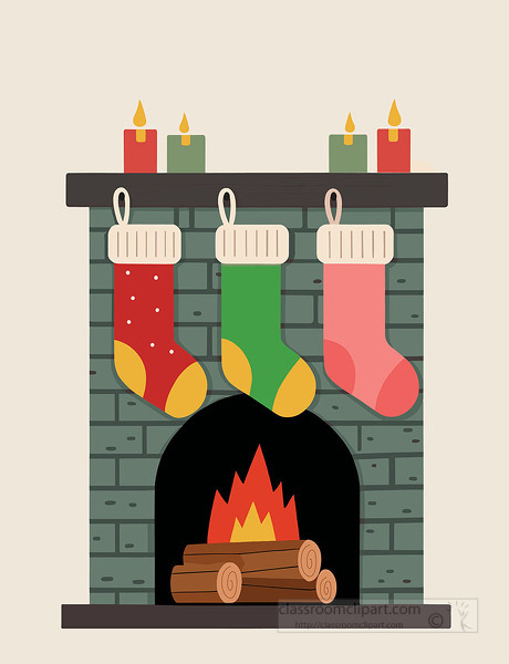 Christmas fireplace with three stockings hanging above a warm fire with candles on the mantel
