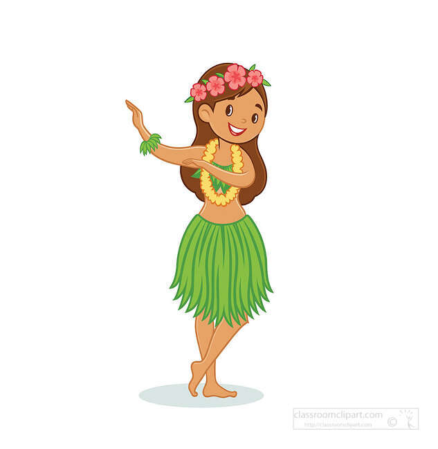 Smiling hula dancer wearing a grass skirt flower crown and lei in a tropical dance style