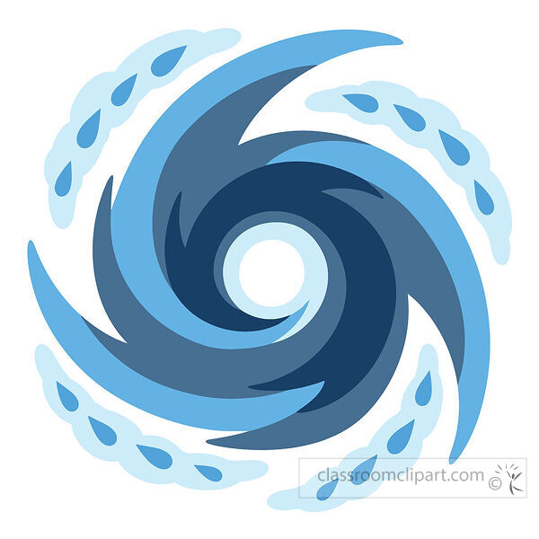 Blue hurricane swirl with curved rain bands circling around a central storm eye