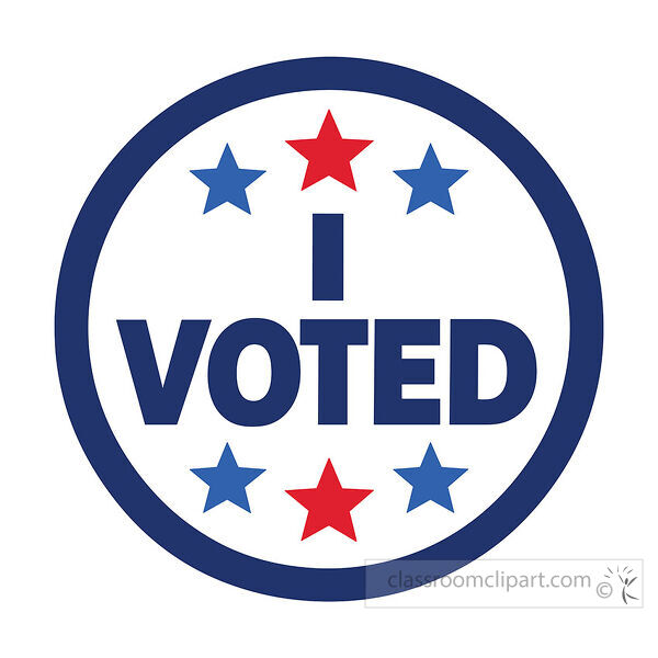 Round I Voted sticker with navy text blue border and red and blue stars on white background