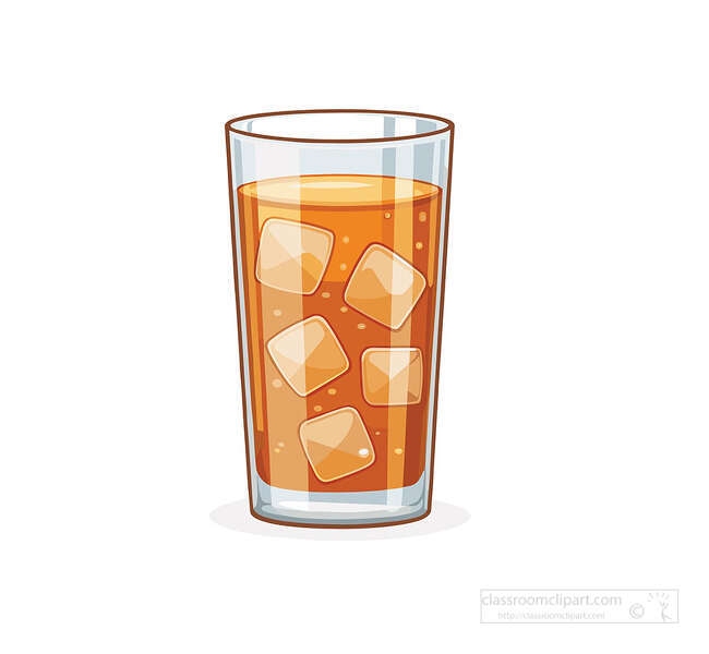 Tall glass of amber iced tea with ice cubes and bubbles in a clean drink style