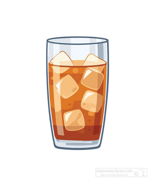 Tall glass of amber iced tea with ice cubes bubbles and transparent glass shading for drink themed use